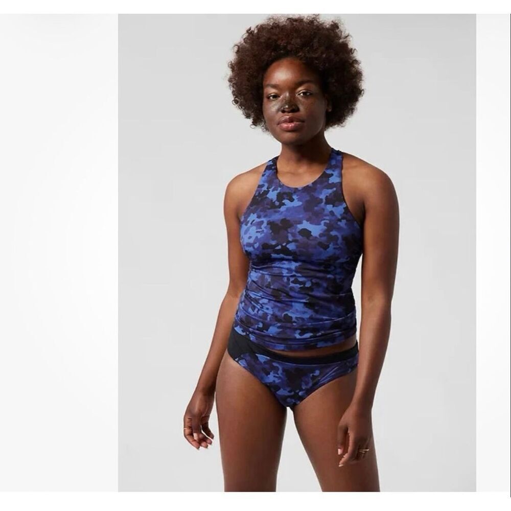 ATHLETA Maldives Bra Cup Tankini 2 piece swim set Cloud Camo Dress Blue Sz S NWT